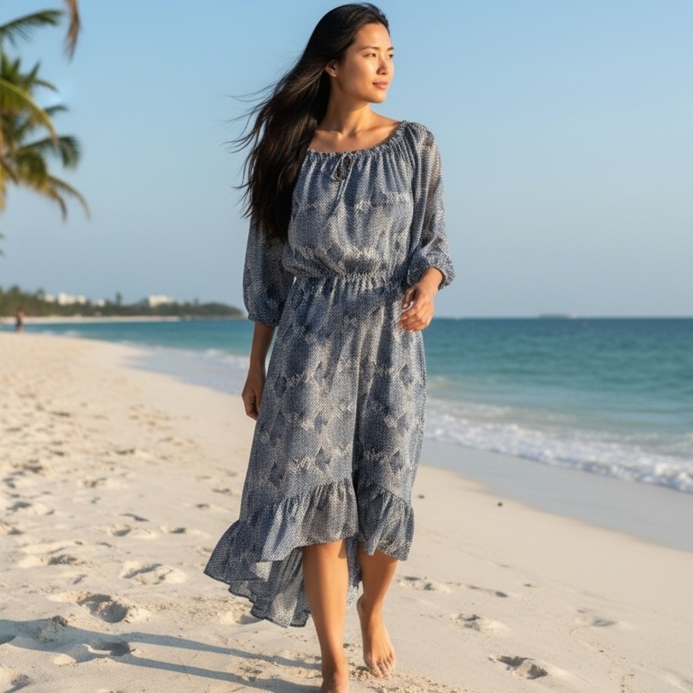 White House Black Market Off Shoulder Tiered Ruffle Print Dress M